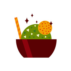 A vibrant image depicting a bowl containing abstract designs resembling food, with decorative elements including stars and unique patterns.