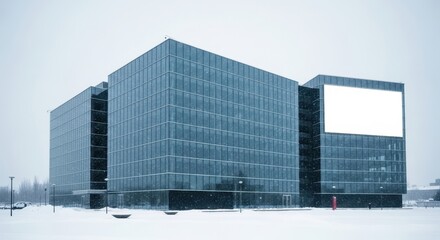 Modern Office Building with Blank Billboard in Winter