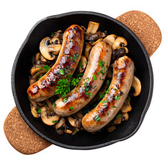 Delicious sausages with mushrooms in a cast iron pan close up high resolution