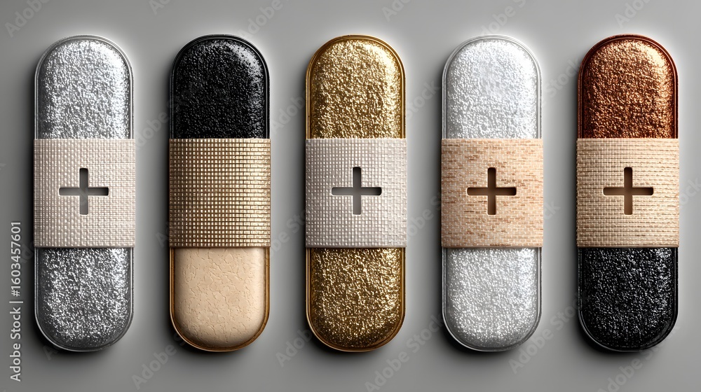 Poster multicolored pill-shaped objects with plus signs.