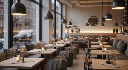 Cozy Restaurant Interior with Pendant Lights and Rain Streaked Window