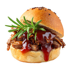 Delicious pulled beef burger with rosemary garnish on a dark background
