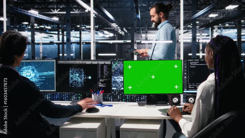 Poster data center engineers managing ai systems for uptime and efficiency using chroma key pc. teamworking