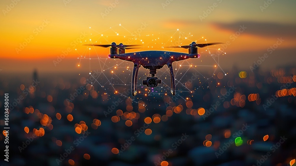 Poster modern agricultural landscape features ai powered drone hovering above verdant rolling fields, surve