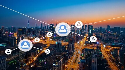 Urban skyline at dusk with digital connectivity icons symbolizing networking and communication - Powered by Adobe