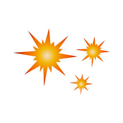 Three glowing orange starburst designs over a plain white background, representing energy and vibrancy. Ideal for concepts involving light, power, or decorative elements with minimalistic appeal.