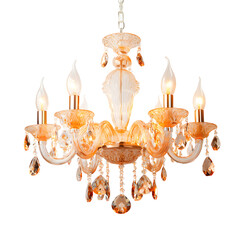 Elegant crystal chandelier with candle-shaped lights against a black background
