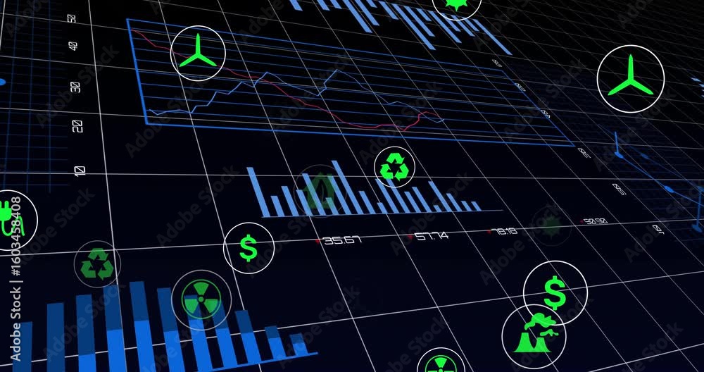 Poster opening grid plane starting eco-energy ui showing floating icons, updating data visualizing trends