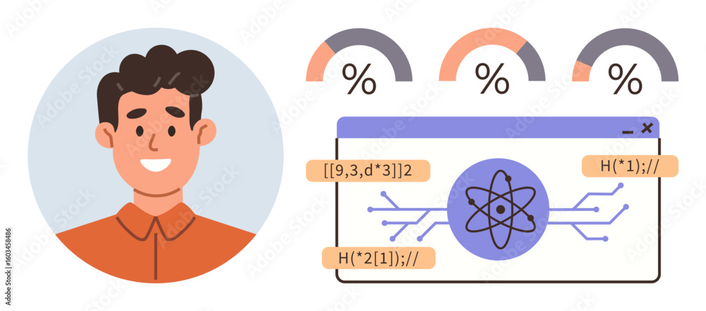 Poster man smiling next to analytical dashboard with atomic symbol, percentages, and data equations. ideal 