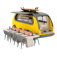 Innovative Mobile Restaurant Pod with Surfboards: A Unique Dining Experience on Wheels