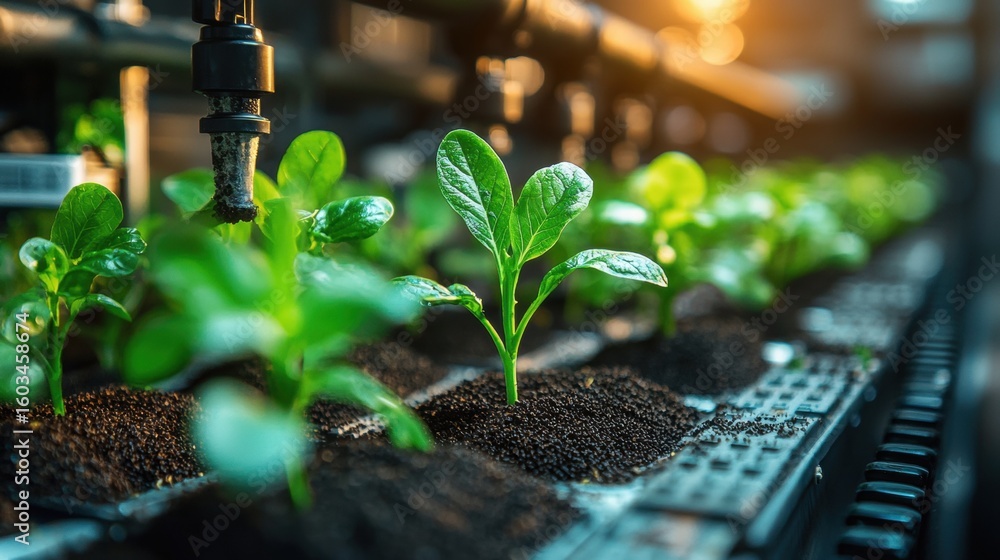 Poster compact robots are planting seeds in precise rows while utilizing real time ai data enhance soil hea