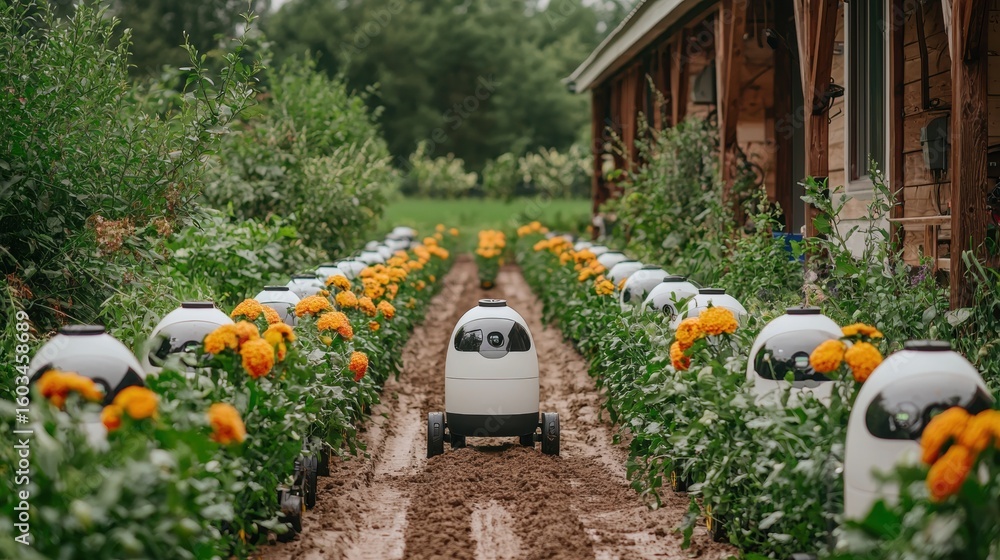 Poster compact robots are planting seeds in precise rows while utilizing real time ai data enhance soil hea
