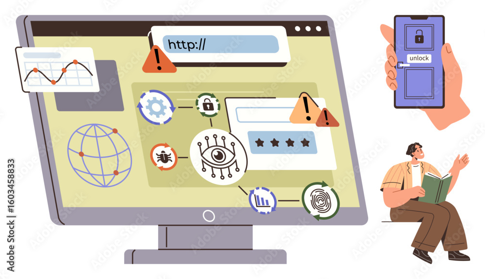 Poster malware warnings, login forms, and caution symbols displayed on a desktop with a mobile device showi