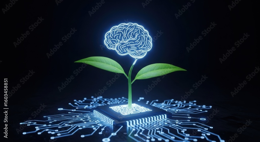 Aufkleber glowing blue brain sprout grows from computer chip on dark background artificial intelligence techno