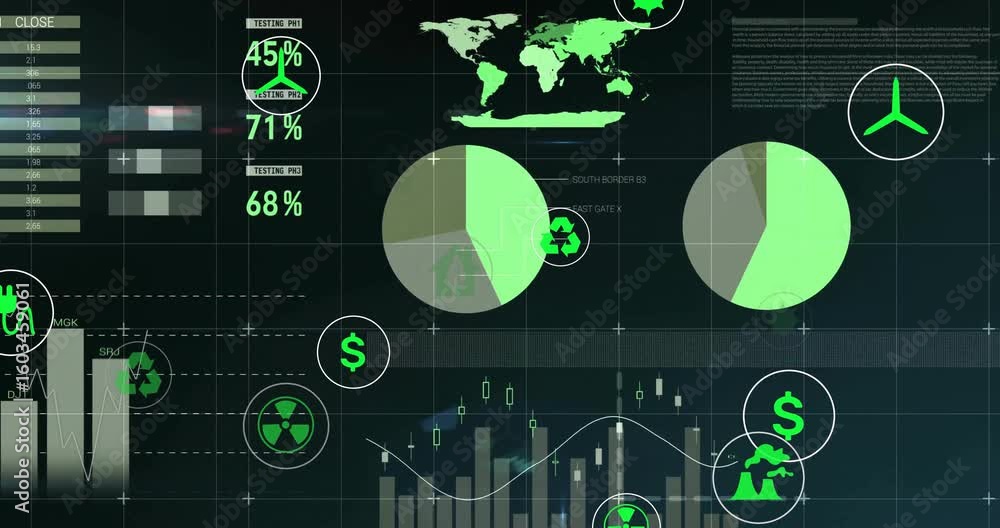 Poster on startup analytics dashboard updating gauges charts while cycling icons visualizing energy data