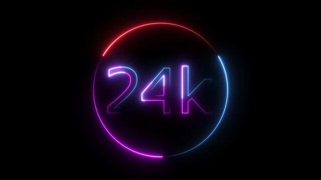 Glowing neon 24K text animation on black background. Celebration neon circle and number 24K with black color Background Loop Animation. Glowing neon line 24k Ultra HD icon isolated. 