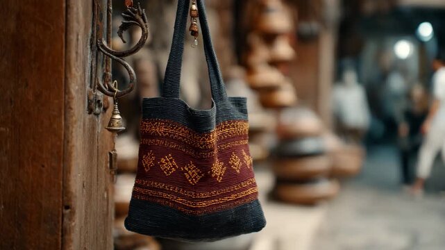 A beautifully handwoven bag featuring intricate patterns, hung for sale in a vibrant marketplace, showcasing artisanal craftsmanship and cultural heritage, a unique treasure.