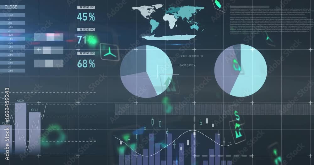 Poster dark grid dashboard opening charts forming overlays while floating icons showing financial updates