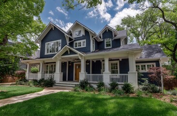 Elegant two story home with a welcoming front porch and lush green lawn evokes a sense of classic American suburban charm and peaceful family living.