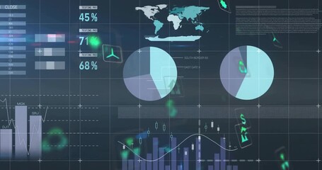 Dark grid dashboard opening charts forming overlays while floating icons showing financial updates - Powered by Adobe