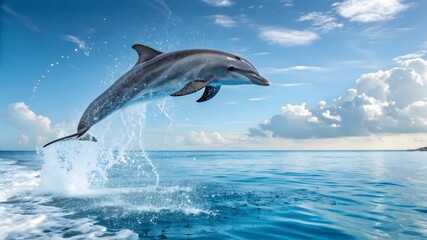 Fototapeta premium Playful Dolphin Jumping High Out Of Blue Ocean Water With Splash Under Bright Sky And Clouds In Natural Marine Habitat