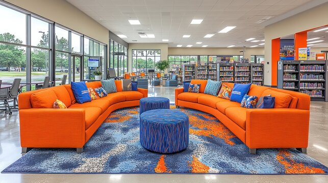 Bright, modern library interior with comfortable seating