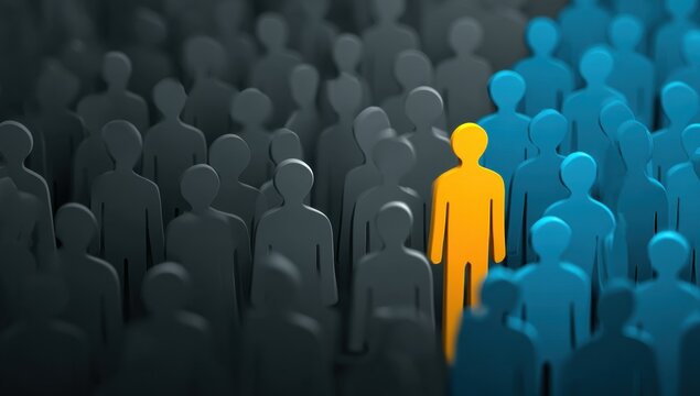 A vibrant individual stands out from the crowd representing uniqueness, leadership, and the power of personal identity in a collective environment.