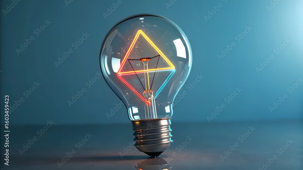 Poster creative light bulb with colorful neon triangle shape filament glowing inside on dark background sym