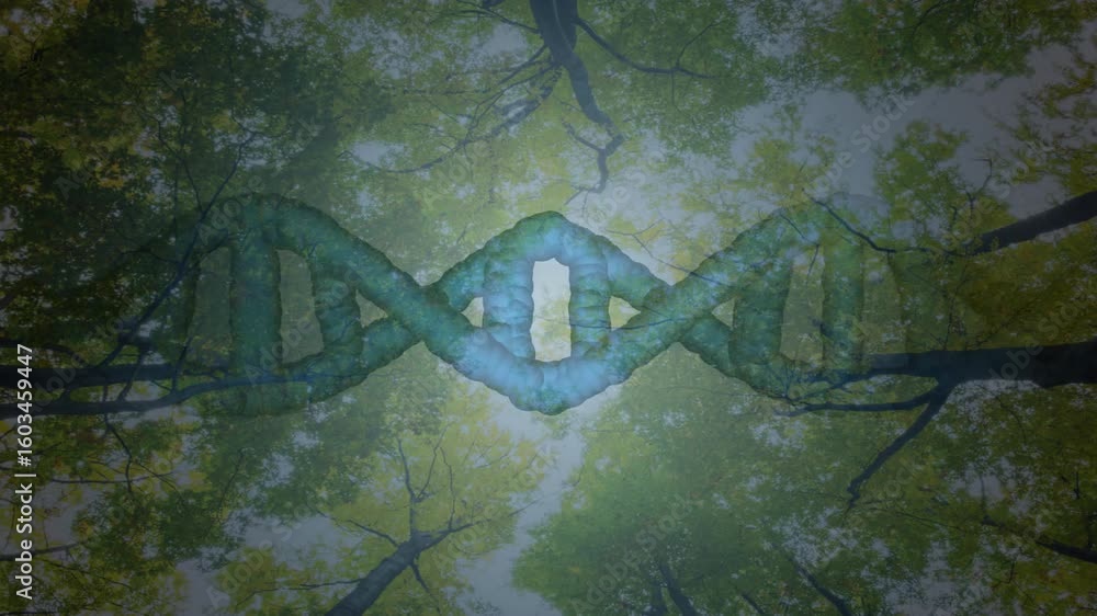 Poster sunlight filtering canopy starting teal-blue dna helix pulsing and morphing showing cycle