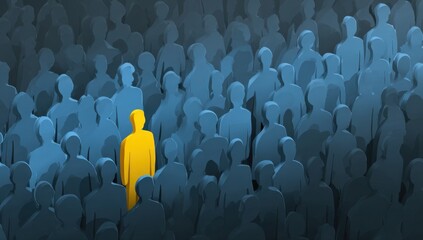 A vibrant individual stands out from the monochromatic crowd representing uniqueness, individuality, and the power of being different in a conformist