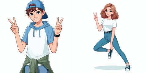 vector image of teenage men and women in peace pose