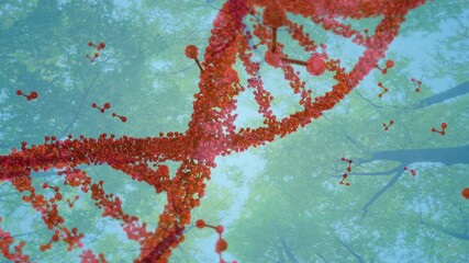 At startup red molecular helix rotating and dollying shedding clusters revealing helical structure - Powered by Adobe