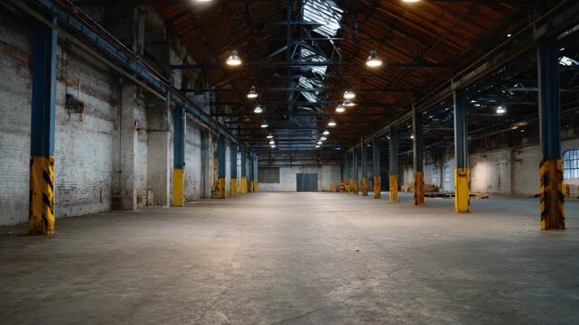 A spacious industrial warehouse featuring an expansive interior and minimalist design, highlighting urban architecture and the potential for creative spaces in contemporary settings.