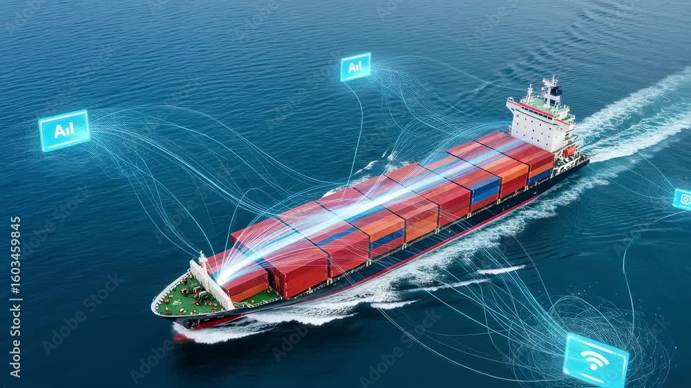 Poster birdseye image of a container ship with datastream visual effects emphasizing aipowered industry and
