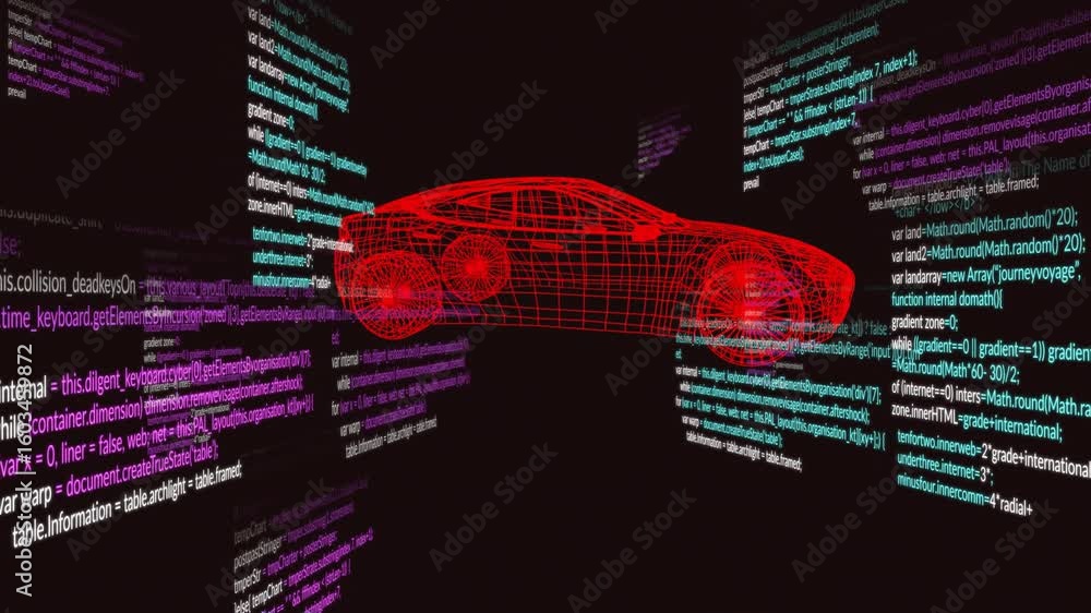 Poster at one second 3d car rotating clockwise through views, code panels scrolling showing design process