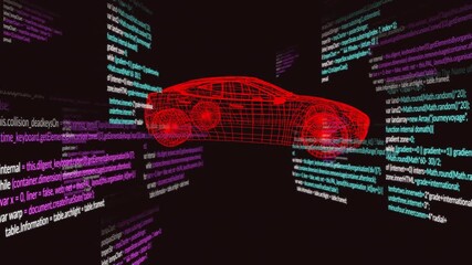 At one second 3D car rotating clockwise through views, code panels scrolling showing design process - Powered by Adobe