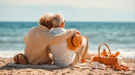 Elderly couple embracing during beach picnic