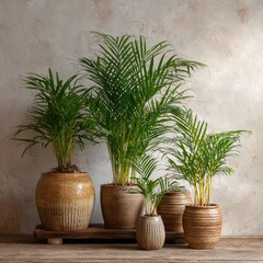 A collection of five lush potted plants arranged attractively, with green foliage and textured ceramic pots. The setup evokes a sense of tranquility and freshness