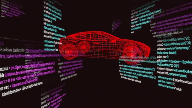 At one second 3D car rotating clockwise through views, code panels scrolling showing design process