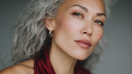Woman with long gray hair and a red scarf is smiling