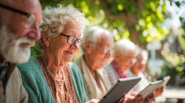 Seniors learning digital storytelling outdoors - Powered by Adobe