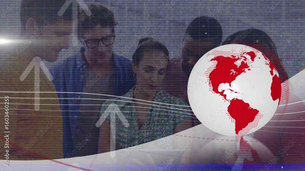 Aufkleber project team leaning over tablet tapping screen and activating rotating globe for business insight