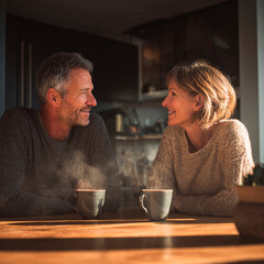50-year-old couple chatting over coffee in kitchen