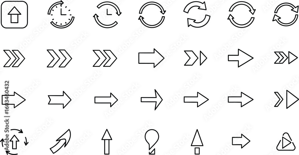 Poster vector art of an assortment of simple black arrow designs isolated on white background, indicating d