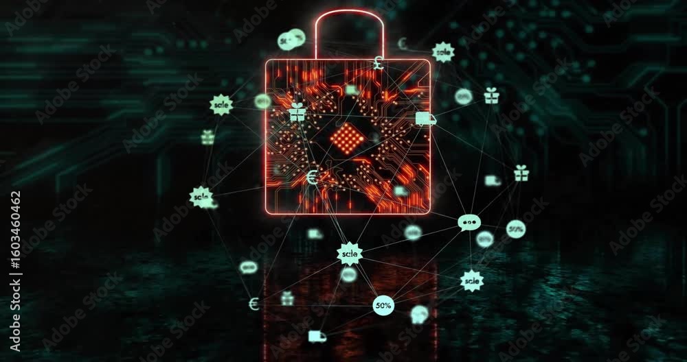 Poster 3d glowing padlock emerging reddening pulsing circuitry and linking icons forming secure network