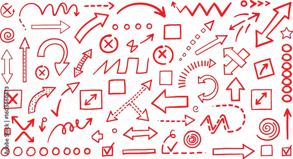 Poster vector art of handdrawn red arrow designs isolated on white background, indicating direction and nav
