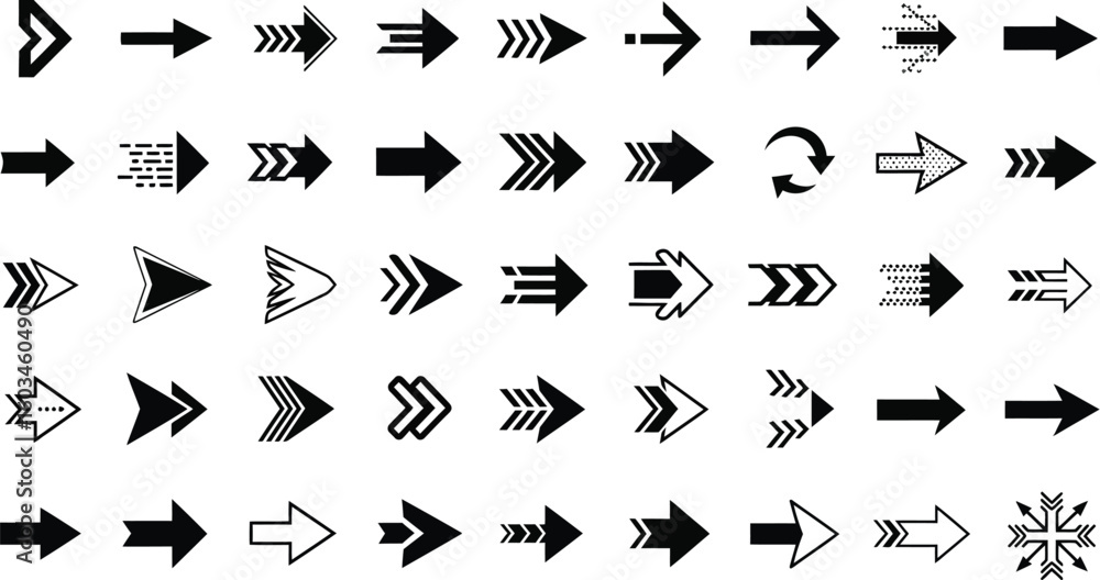 Aufkleber vector art of a comprehensive set of black arrow icons isolated on white background, representing va