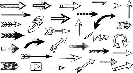 Vector art of a diverse collection of handdrawn arrow illustrations isolated on white background, showcasing various styles and directions for creative design projects