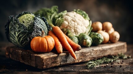 Assortment of fresh vegetables on a rustic wooden board.