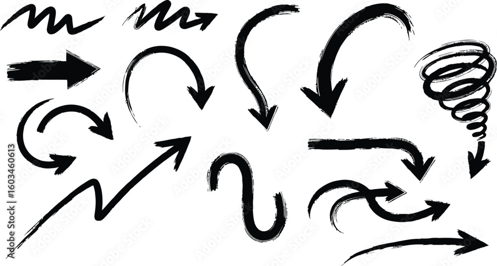 Aufkleber vector art of a set of handdrawn black arrows with a brushstroke effect indicates various directions
